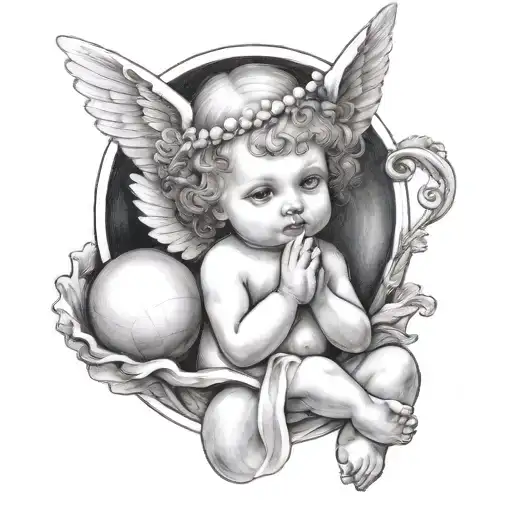 A baby angel with two horns above her head ,holding a diamond a shell which has a pearl in it  tattoo design idea