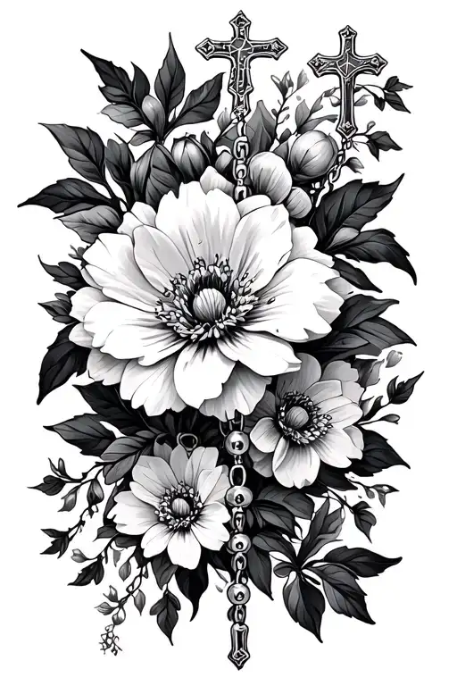 flowers and a cross and rosary beads wrapping tattoo design idea