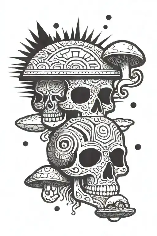 Mayan and Aztec patterns representing love, universe and mushrooms tattoo design idea