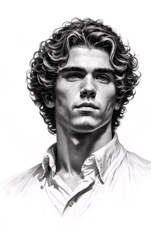 Create a hyper-realistic, classical portrait of a young man with soft, curly hair and a solemn expression.  tattoo design idea