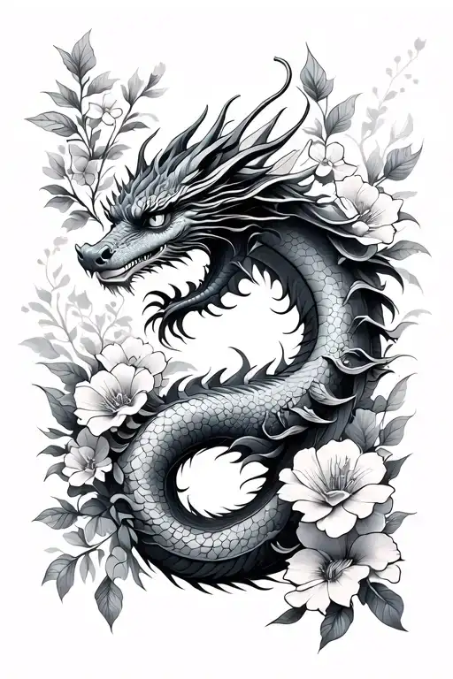 dragon and flowers fine line tattoo female tattoo design idea