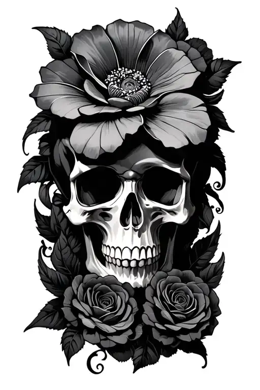 skull and pinwheel flower intertwined tattoo design idea
