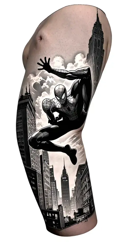 🕷️ Upper Thigh (Main Hero Section): Spider-Man Swinging Through the CityStart with Spider-Man high up on the upper th tattoo design idea
