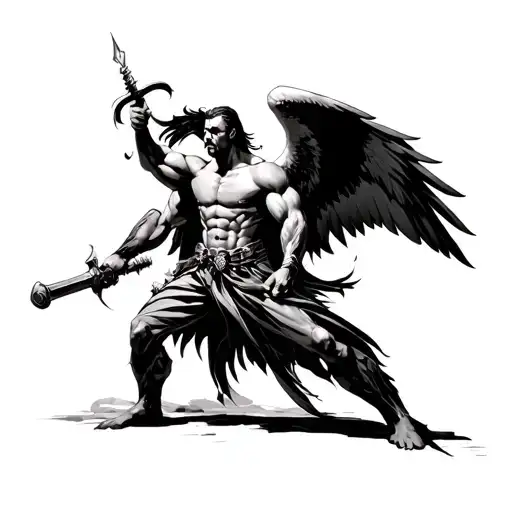 arcangel michael ready for battle  looked from the side, not from the front, see his fuul body with arms and legs, make  tattoo design idea