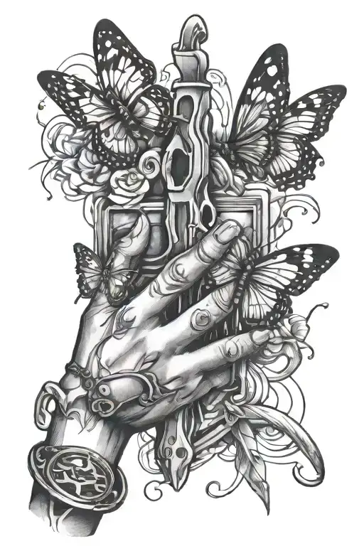brass knuckles and two butterfly knives on the hand tattoo design idea