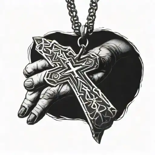 psycho gothic punk lighting striking down on a cross necklace being held together by hands praying tattoo design idea