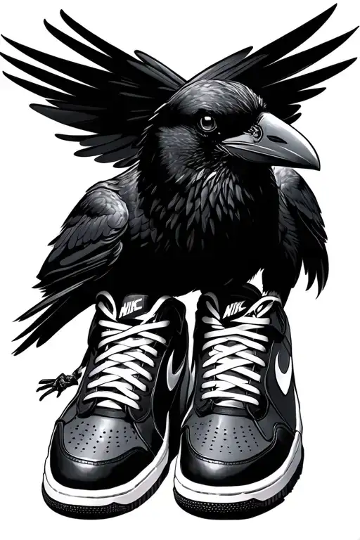 A crow wearing a pair of all black Airfoce 1 with white laces, looking down at his shoes. tattoo design idea