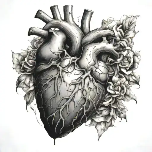 make a anatomical human heart with shaterred glass, as it is breaking from some surface. tattoo design idea