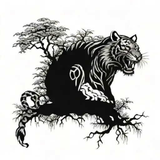 Forest scene with a tiger sitting in a tree in a with a traditional Japanese dragon flying in the background tattoo design idea