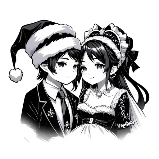 Japanese anime husband and wife dressed as Mr and Mrs Santa clause tattoo design idea