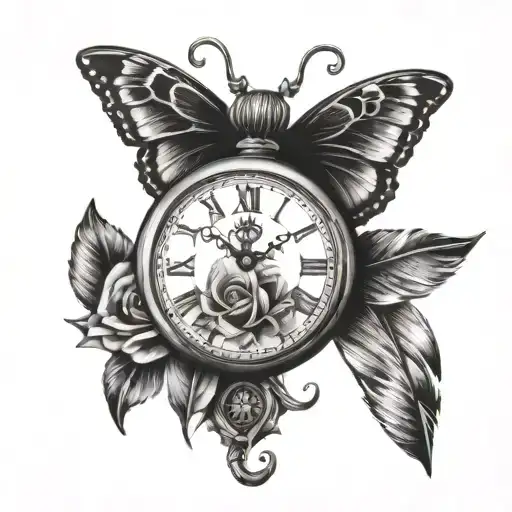 pocket watch butterfly rose feather tattoo design idea