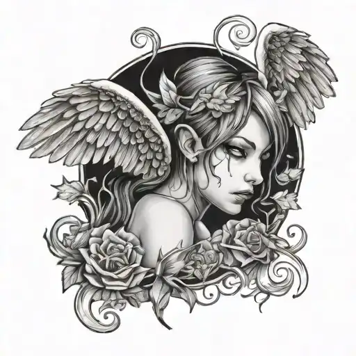 fallen half angel half demon female wings tattoo design idea