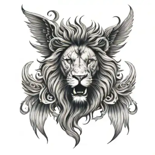 front of lion face wings symetrical snakes smoke rising tattoo design idea