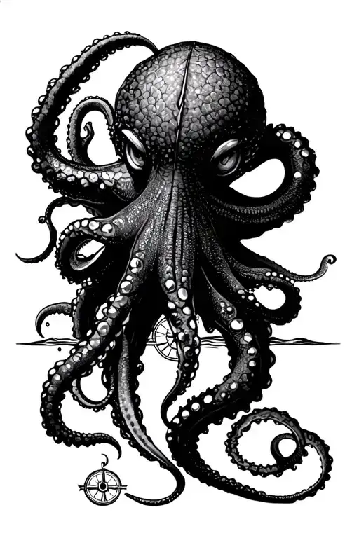 angry kracken octopus in ocean with nautical compass in middle with tentacles out wide with waves tattoo design idea