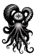 angry kracken octopus in ocean with nautical compass in middle with tentacles out wide with waves tattoo design idea