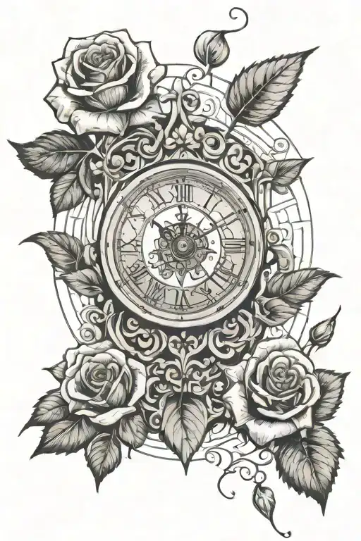 rose clock with date 1972 and 2002 faith hourglass combined tattoo design idea