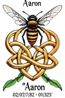 "Aaron 02/07/82 - 01/03/25 " "Aaron 02/07/82 - 01/03/25 " bee, iris flower, celtic love knot design incorporating elements tattoo design idea