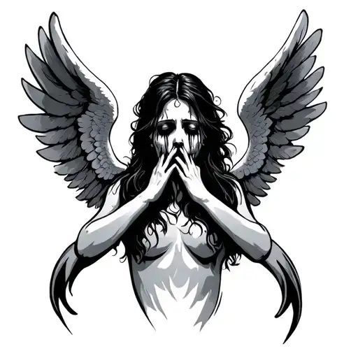 crying fallen angel with wings tattoo design idea