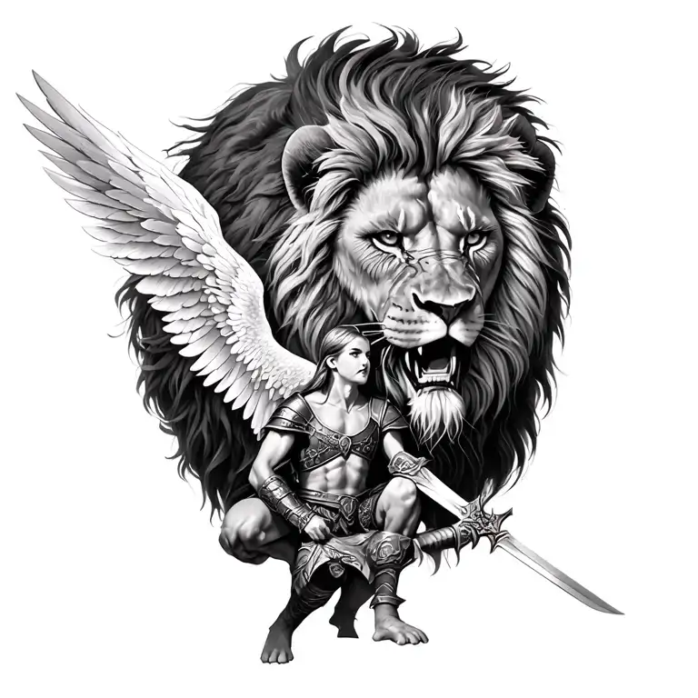 old male lion with a scare across his eye and a warrior angel with breastplate and sword kneeling down before him.  tattoo design idea