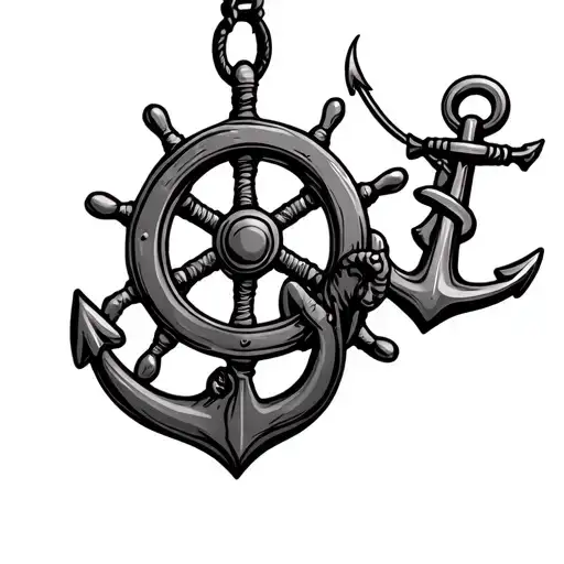 ships wheel and anchor hanging with dory tattoo design idea