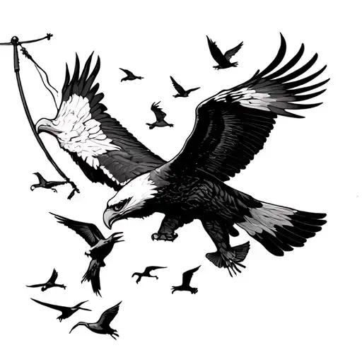 a flying eagle holding a banner and fighting smaller birds on the air tattoo design idea
