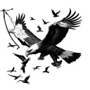a flying eagle holding a banner and fighting smaller birds on the air tattoo design idea