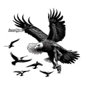 a flying eagle holding a banner and fighting smaller birds on the air tattoo design idea