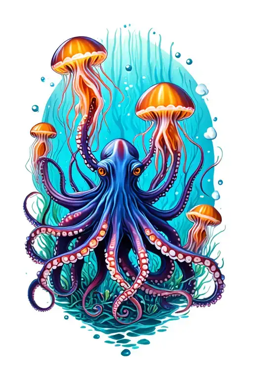 octopus, eels, jelly fish in their habitats tattoo design idea