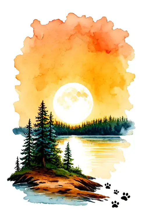 paw prints leading to a lakeshore surrounded by pine trees with a moon and moon's reflection on the water. tattoo design idea