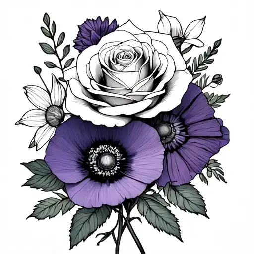 fine line flower bouqet with rose, violet, poppy, and daffodil tattoo design idea
