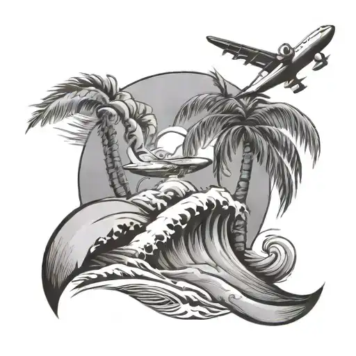 palm tree with waves and airplane tattoo design idea
