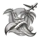 palm tree with waves and airplane tattoo design idea