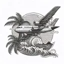 palm tree with waves and airplane tattoo design idea