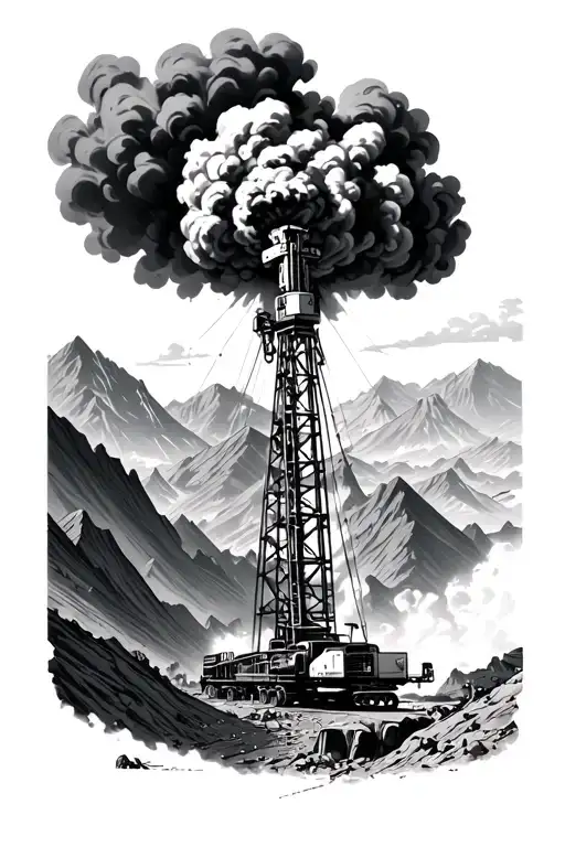 explosion in a quarry against the backdrop of high mountains, a drilling rig should be nearby tattoo design idea