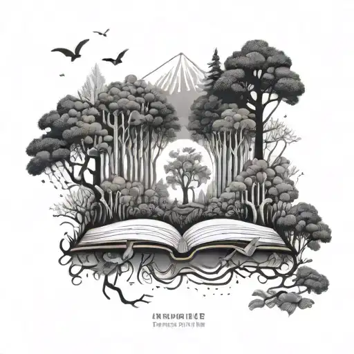 A mystical forest scene with hidden book elements throughout in dotwork style tattoo design idea