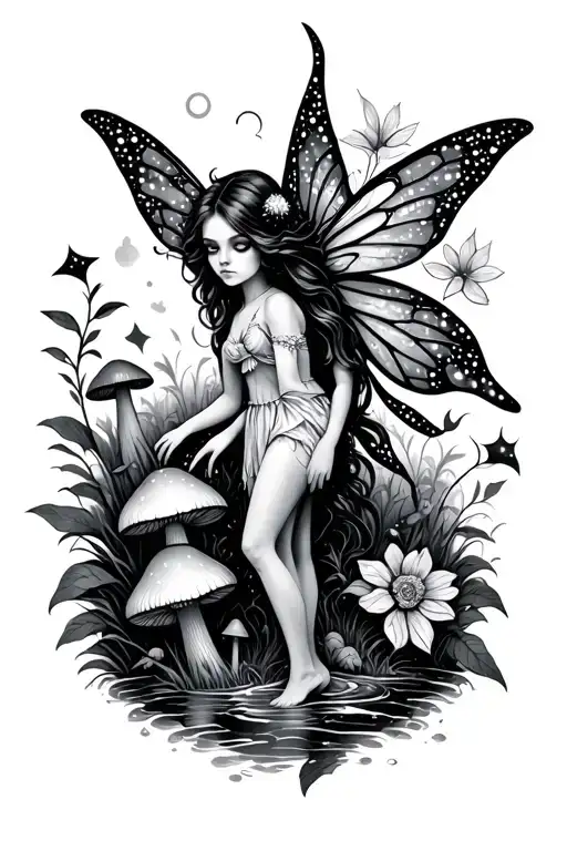Fairy, evil good, river daytime, night time, forest, glitter, mushroom, flower tattoo design idea