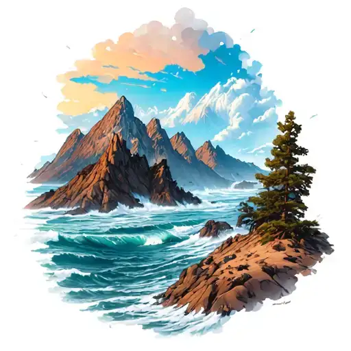 Rocky Mountain desert ocean landscape intertwined tattoo design idea
