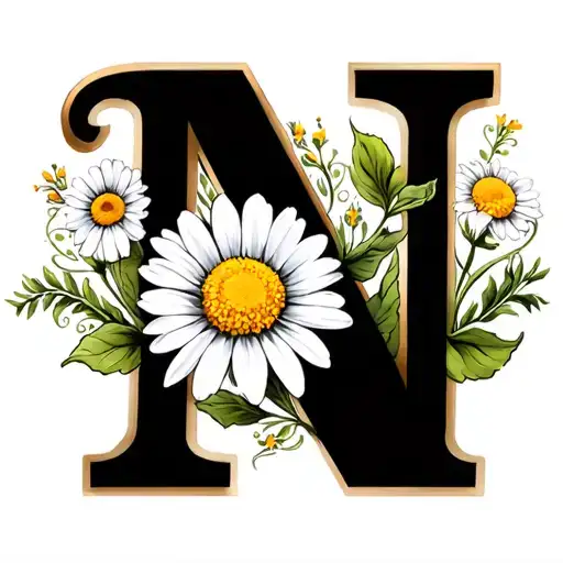 Floral Script 'N'• The letter "N" is written in a flowing, elegant script (cursive or calligraphy style).• A daisy vin tattoo design idea