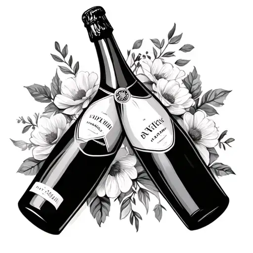 crossed champagne bottles with flowers tattoo design idea