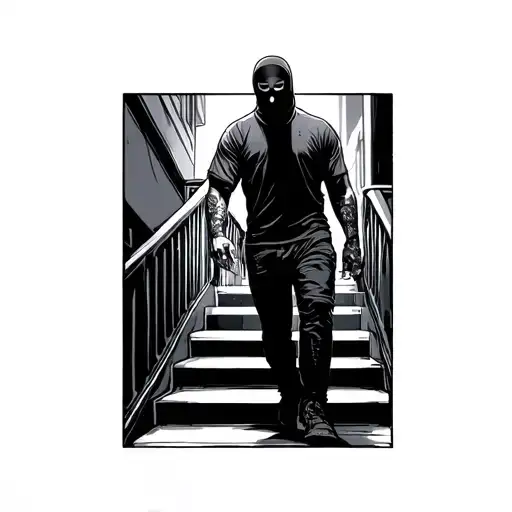 a man walking down stairs into darkness with a ski mask on his hand tattoo design idea