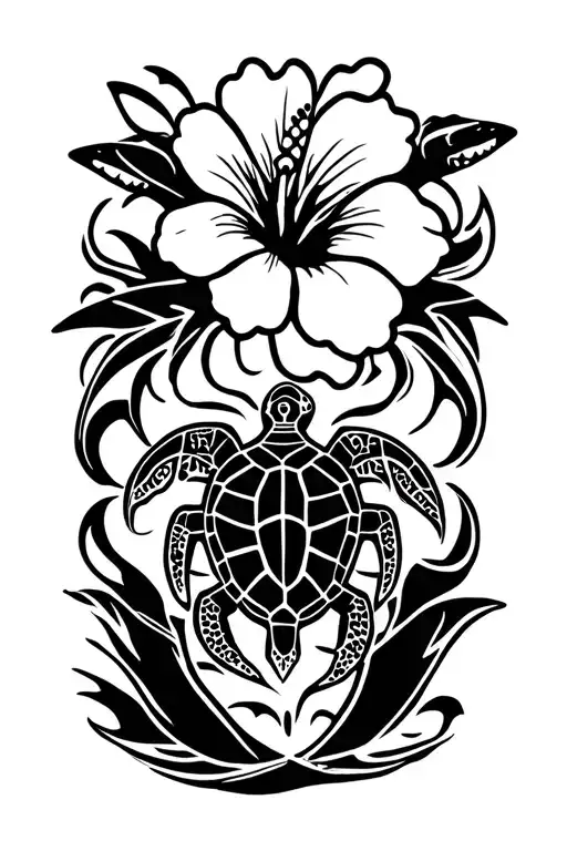 tribal band with hibiscus in the middle a turtle in the hibiscus and 2 sharks swimming around the band tattoo design idea
