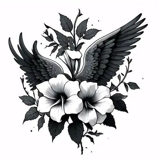 Two angels trumpet flower tree branch tattoo design idea