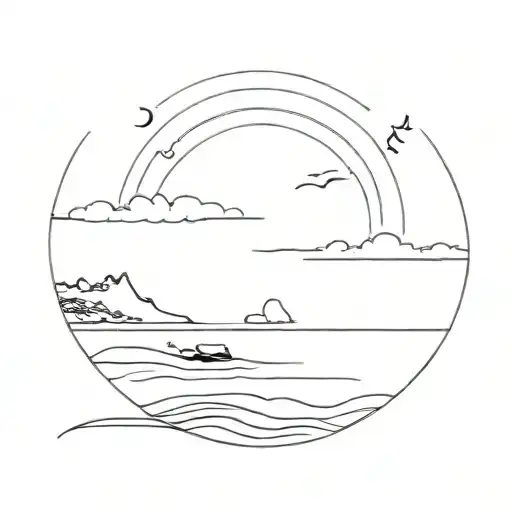A minimalist design of a calm sunset over a tranquil ocean, symbolizing a peaceful and happy departure from life tattoo design idea