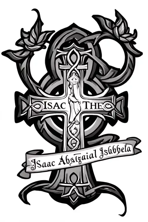 "Isaac Theo Abigail Isabella" Celtic cross with my kids names incorporated tattoo design idea