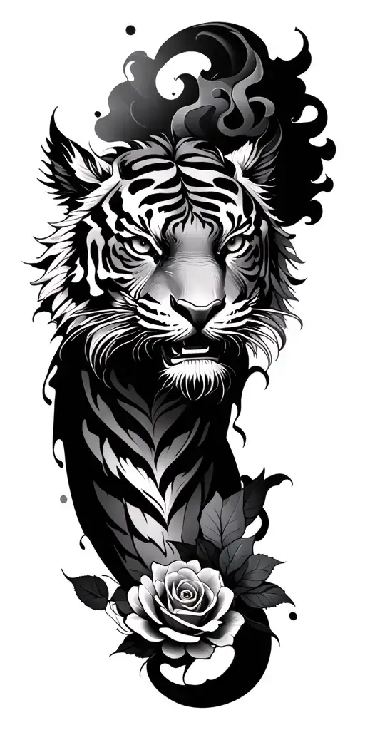 tiger dragon, roses, smoke, sleeve tattoo design idea