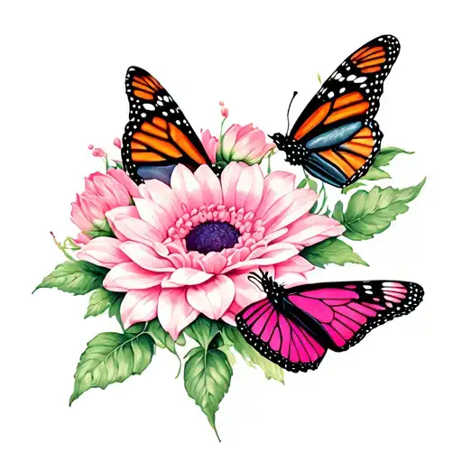 a large flower with a monarch butterfly and a hot pink butterfly  tattoo design idea