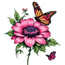 a large flower with a monarch butterfly and a hot pink butterfly  tattoo design idea