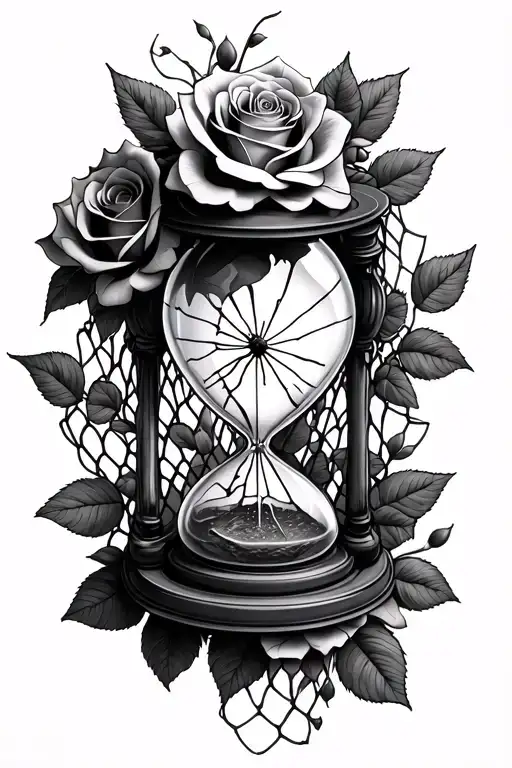 roses and broken hour glass intertwined in fish net tattoo design idea