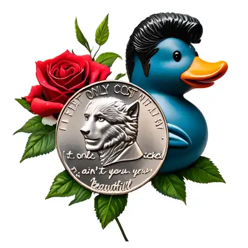 wolf, rose, dolphin, nickel with Elvis face saying "it only cost one nickel" rubber duck "don't let you ain't beautiful" tattoo design idea