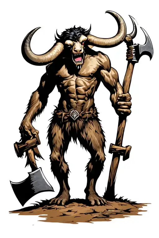 minotaur standing on 2 legs with an axe in hand with sneer on face tattoo design idea